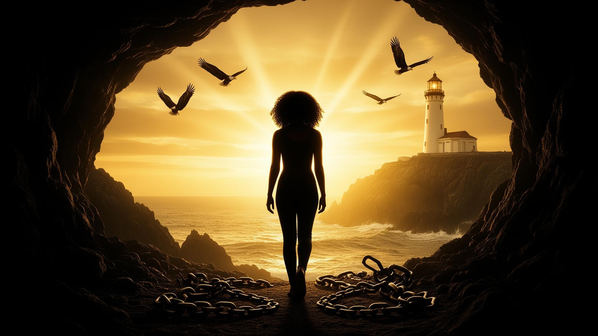 A young woman walking from darkness toward a lighthouse at golden sunrise